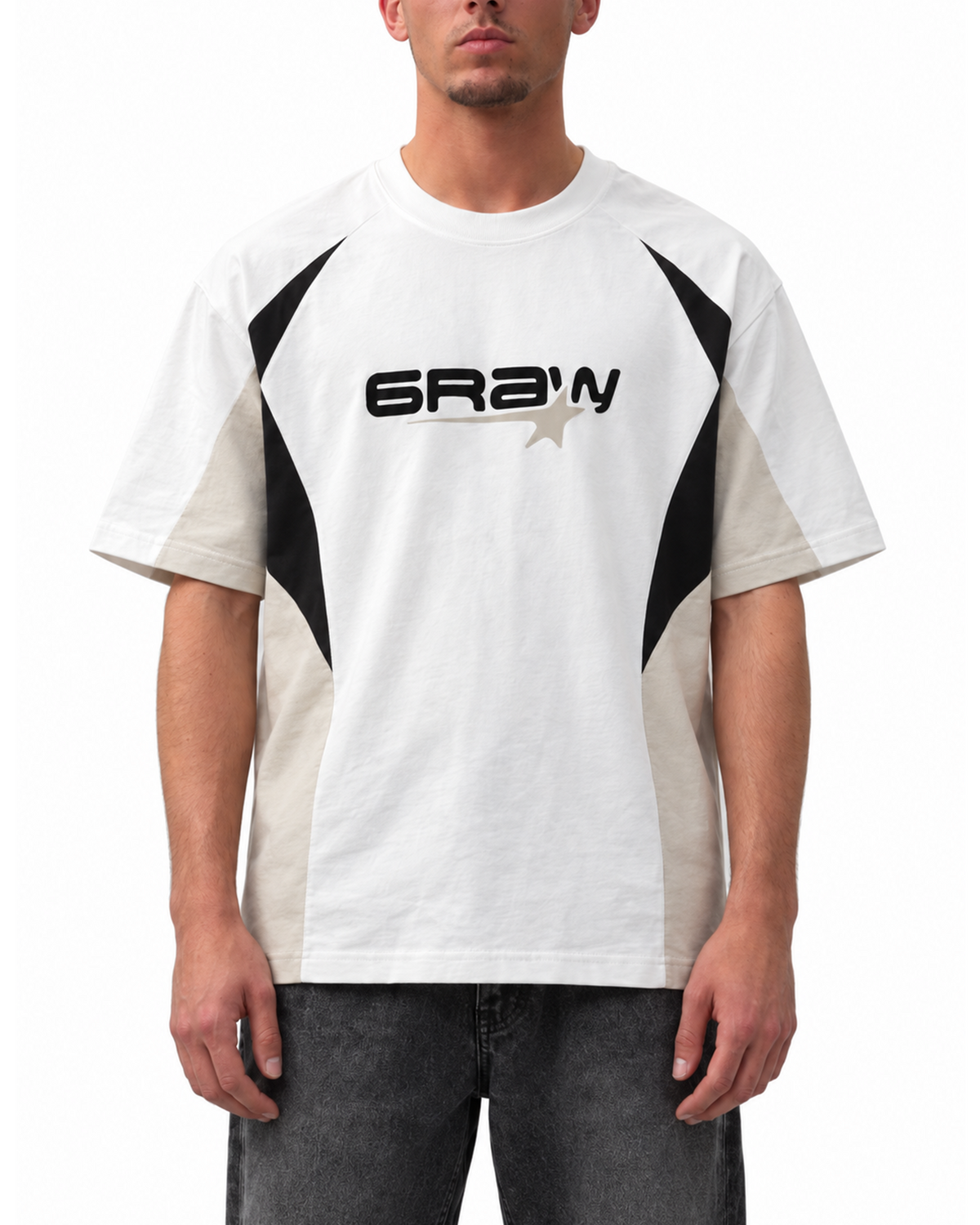 T-shirt raglan color block blanc et beige – Freestyle 6raw – porté