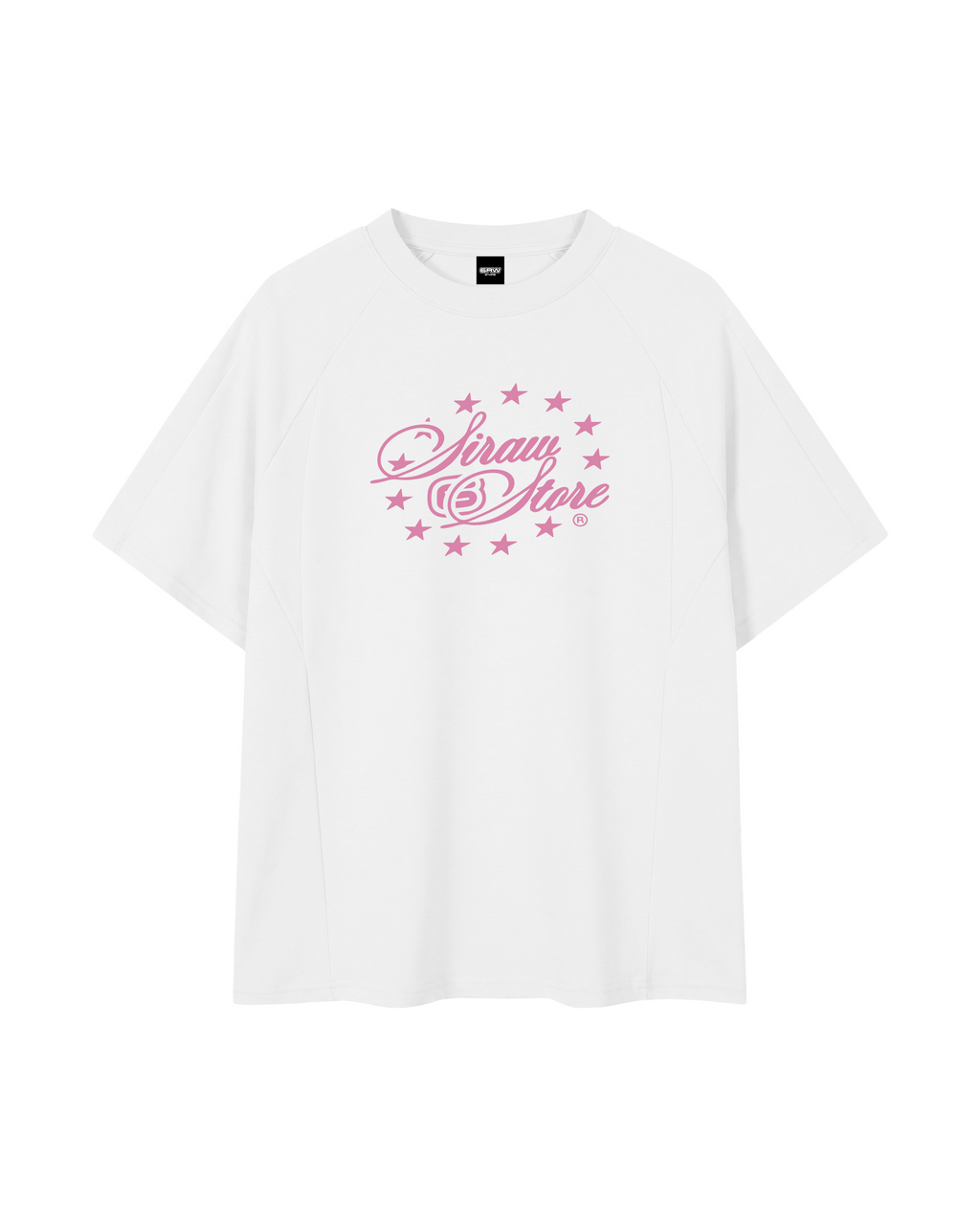 T-shirt raglan oversize blanc avec logo 6raw rose, collection PinkPart2, vue de face