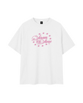 T-shirt raglan oversize blanc avec logo 6raw rose, collection PinkPart2, vue de face