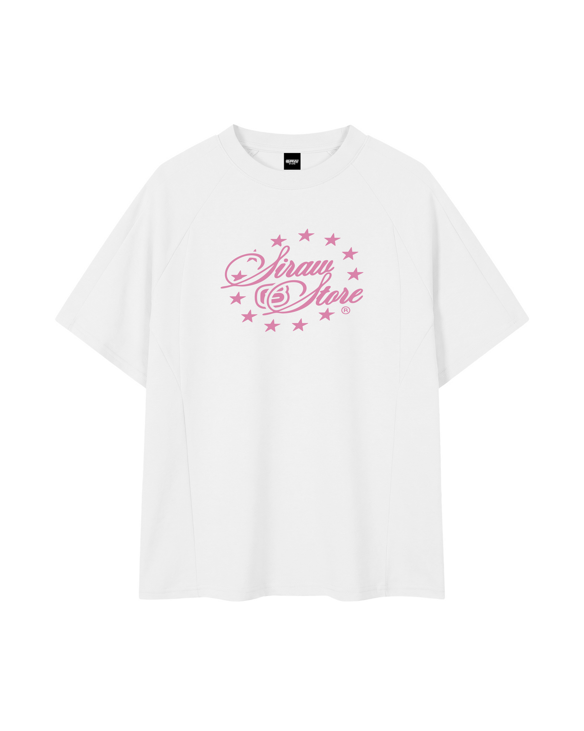 T-shirt raglan oversize blanc avec logo 6raw rose, collection PinkPart2, vue de face