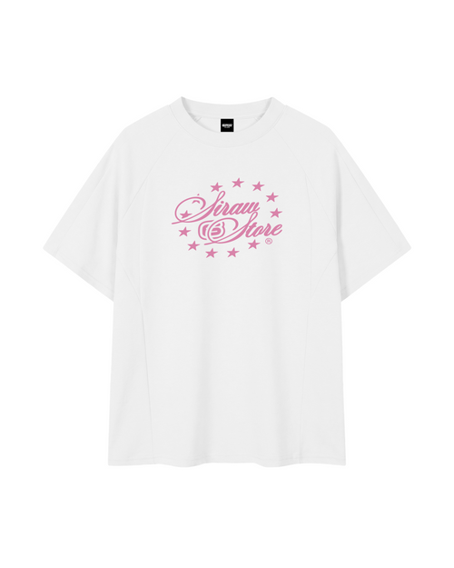 T-shirt raglan oversize blanc avec logo 6raw rose, collection PinkPart2, vue de face