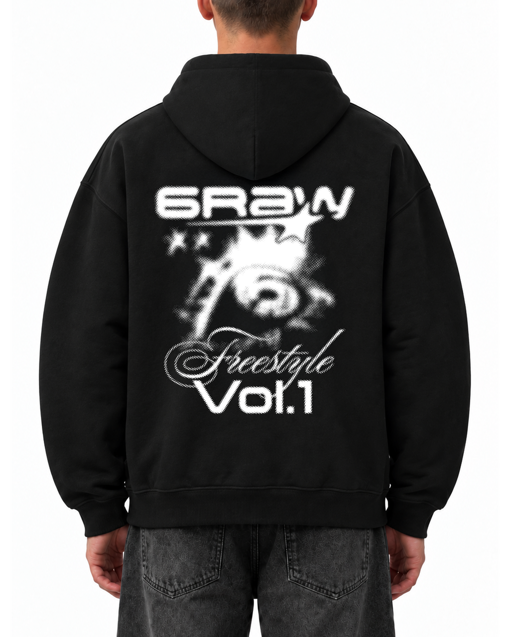 Hoodie oversize boxy noir – Freestyle 6raw – porté